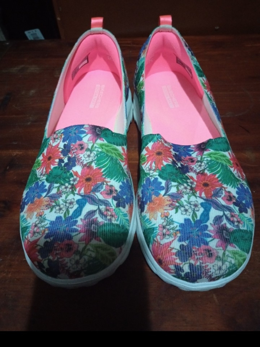Sketchers Go Walk Floral Slip-On Shoes - Pink Interior, Multicolor Floral Upper